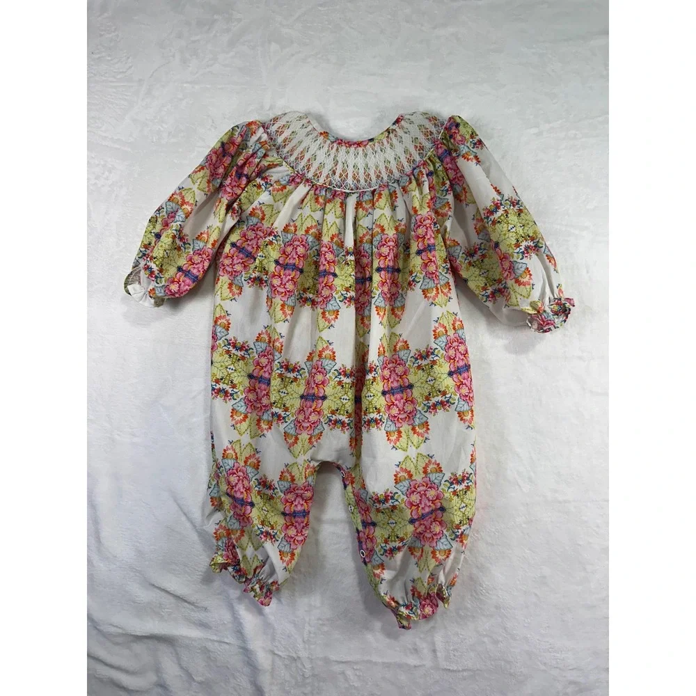 Magnolia Steel Smocked Floral Bubble Romper 18M White Pink Long Sleeve Baby Girl